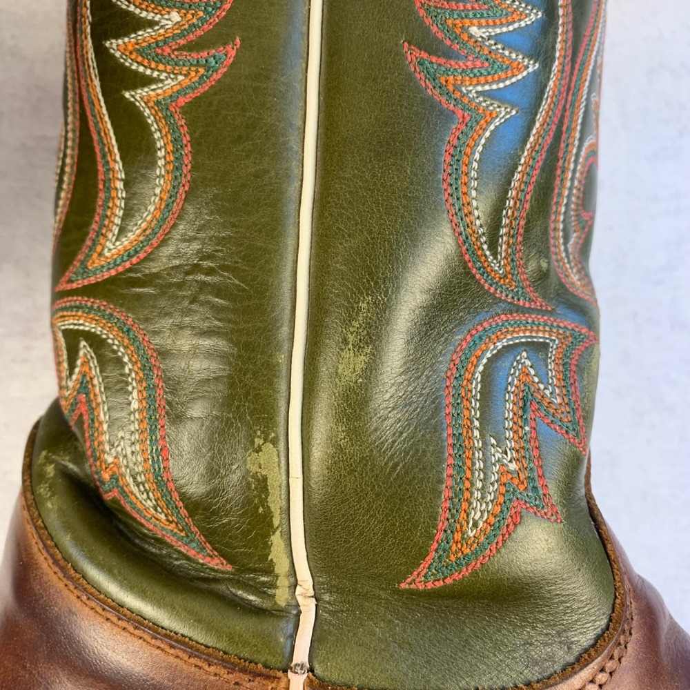 Justin 6.5D Bent Rail BR307 Cowboy Boots Brown Green 11" Square Toe USA Made - Picture 15 of 16